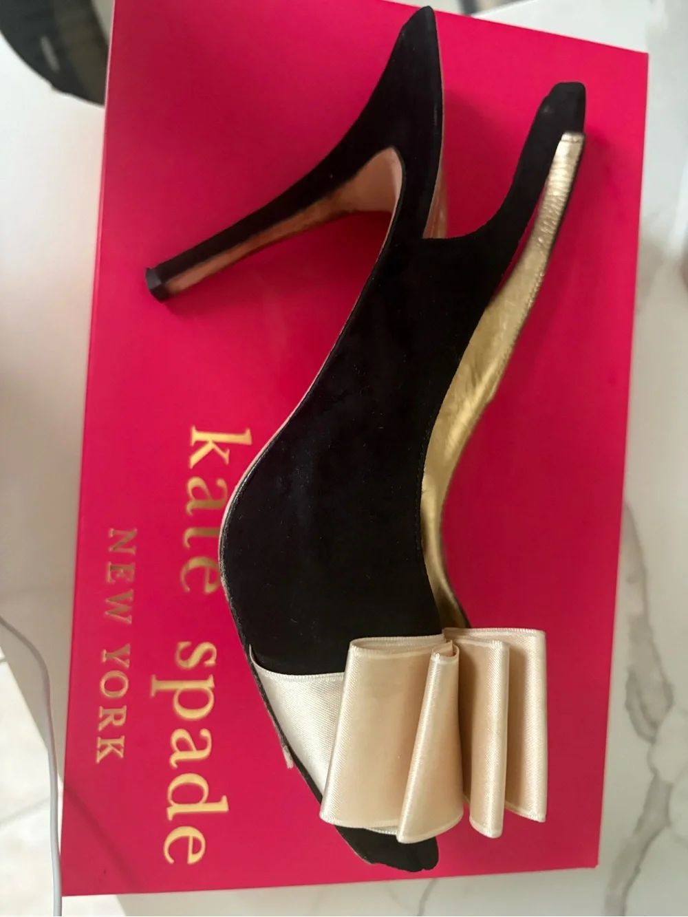 kate spade Black Slingback Heels with Cream Bow Accent